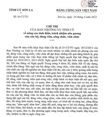 Triển khai Chỉ thị số 18-CT/TU ngày 24/3/2022 của Ban Thường vụ Tỉnh ủy về nâng cao tinh thần, trách nhiệm nêu gương của cán bộ, đảng viên, công chức, viên chức